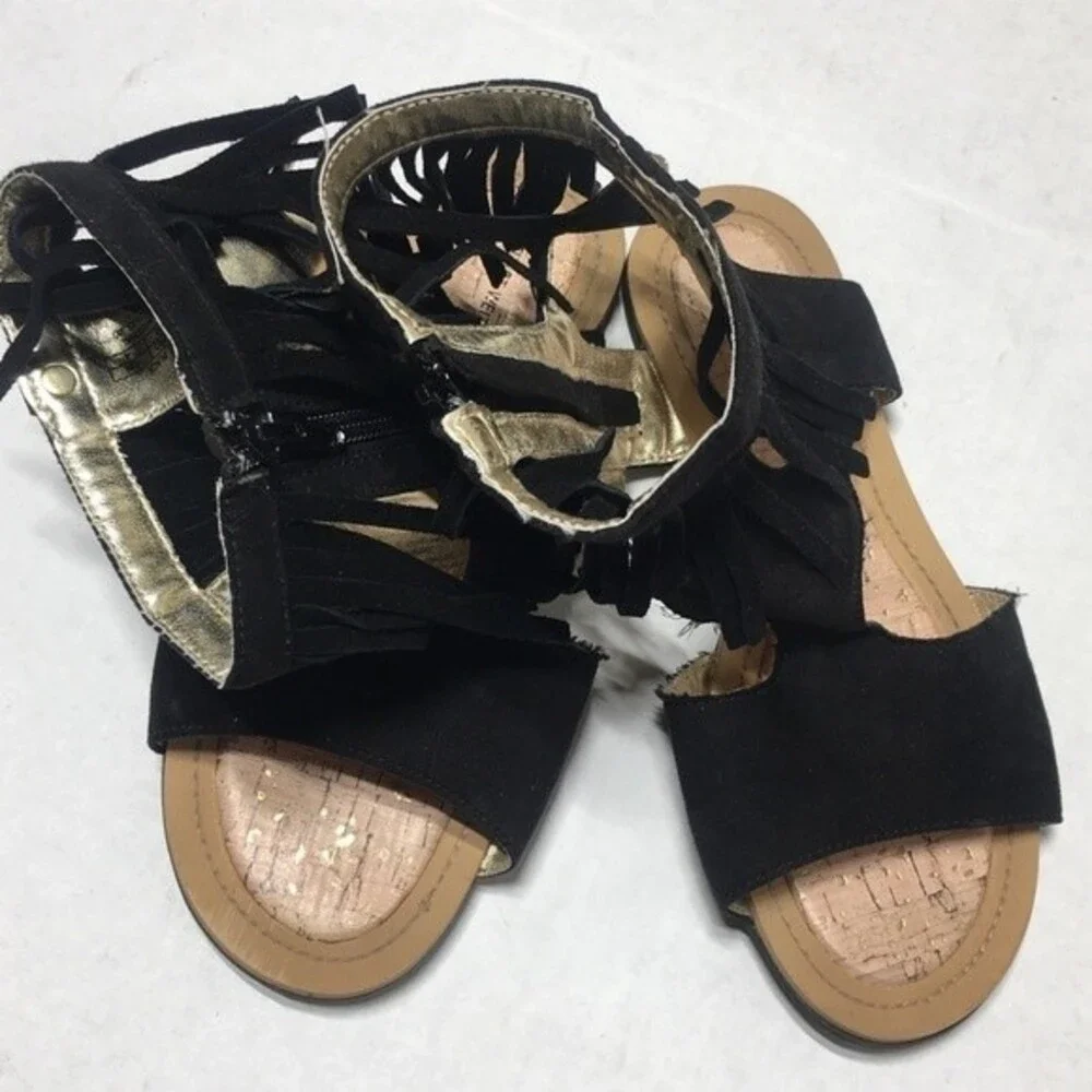 Stuart Weitzman Camia Fringe Black Sandal Size 5